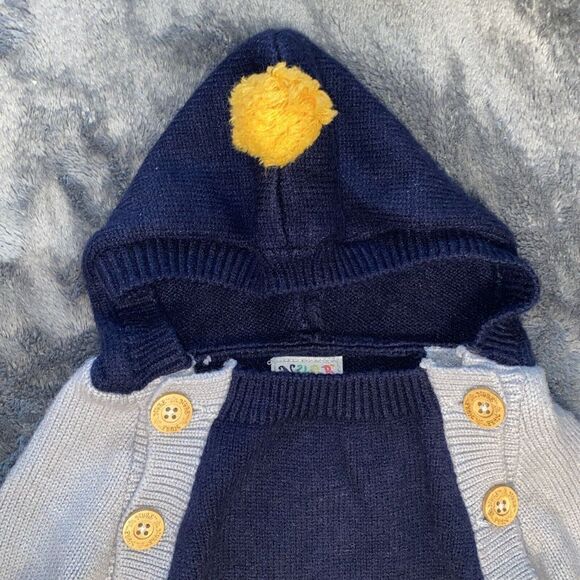 Adorable Baby Hooded Sweater Navy Blue Yellow '01' Sports Style Knit Jumper - Picture 3 of 11